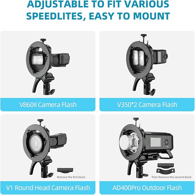 Godox S2 Speedlite Bracket: Bowen Mount Flash Holder Bracket for Godox V350/V850/V860, TT360/TT600/TT685, V1/V1 Pro Flash and AD200pro/AD300pro/AD400pro Outdoor Strobe Flash