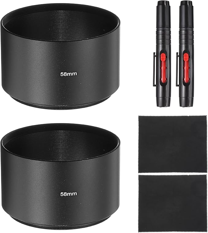 PATIKIL 2 Pcs Lens Hood Shade, 58mm Long-Focus Mount Standard Screw-in Metal Camera Cap Shade with Cleaning Cloth and Cleaning Pen, Black