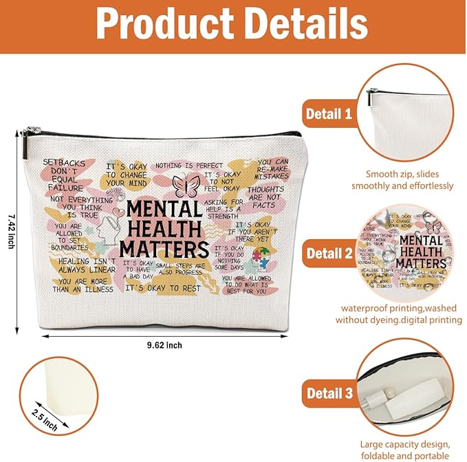 2PCS Mental Health Gifts Makeup Bag, Positive Affirmations Mental Health Awareness Inspirational Gifts for Women Friend Coworker Birthday Friendship Mothers Day Travel Toiletry Cosmetic Bag