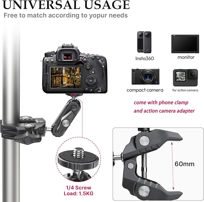 XIAOTJ Super Clamp Camera Mount with Magic Arm Double 360° Ballhead and Phone Tripod Mount/Action Camera Adapter for Phone/GoPro DJI Insta360/Monitor/DSLR/Motorcycle Bike Handlebar Gun Scope Mounts