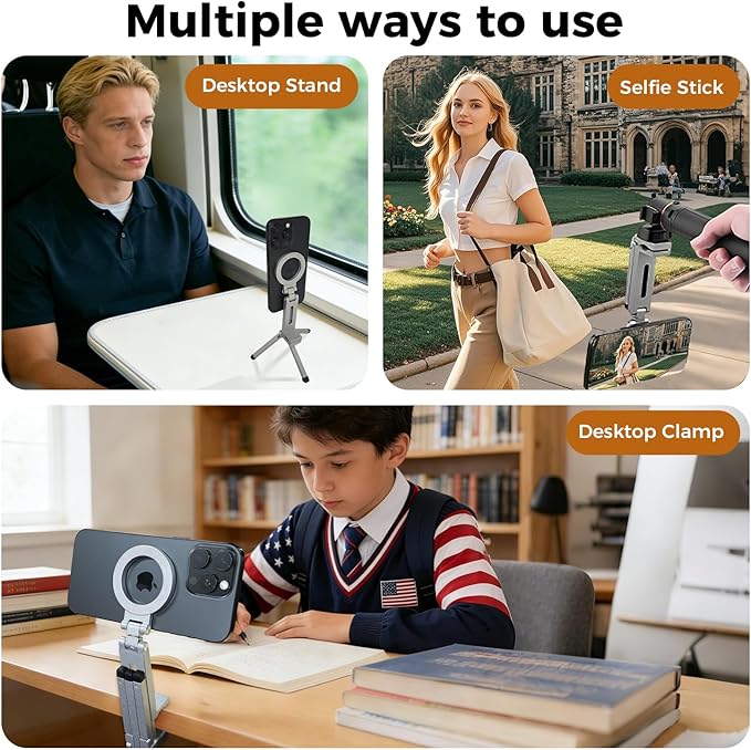 Magnetic Phone Tripod Stand, 360° Rotating Foldable Aluminum Mount for All Phones, Strong Magnetic Grip, Telescopic Adjustable Design for Desk, Travel, Photography, Live Streaming, and Video Calls
