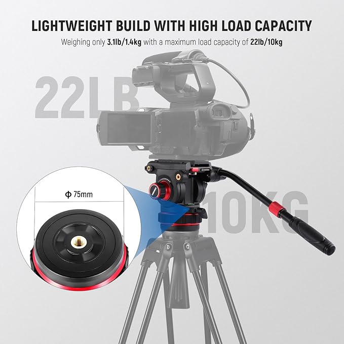 NEEWER Heavy Duty Video Tripod Fluid Head with Stepless Adjustable Pan/Tilt Damping, Quick Release Plate, Compatible with DJI RS Gimbals, Adjustable Handle, ⌀75mm Base, Max Load 22lb, GM006