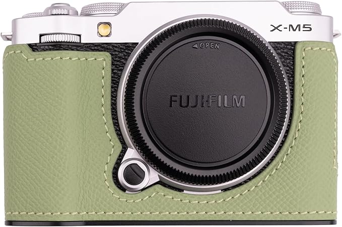 Handmade Genuine Leather Camera Half Case for Fujifilm X-M5/Fujifilm X-M5 Case - Top Layer Cowhide Body + Metal Base Plate (Vert Criquet)