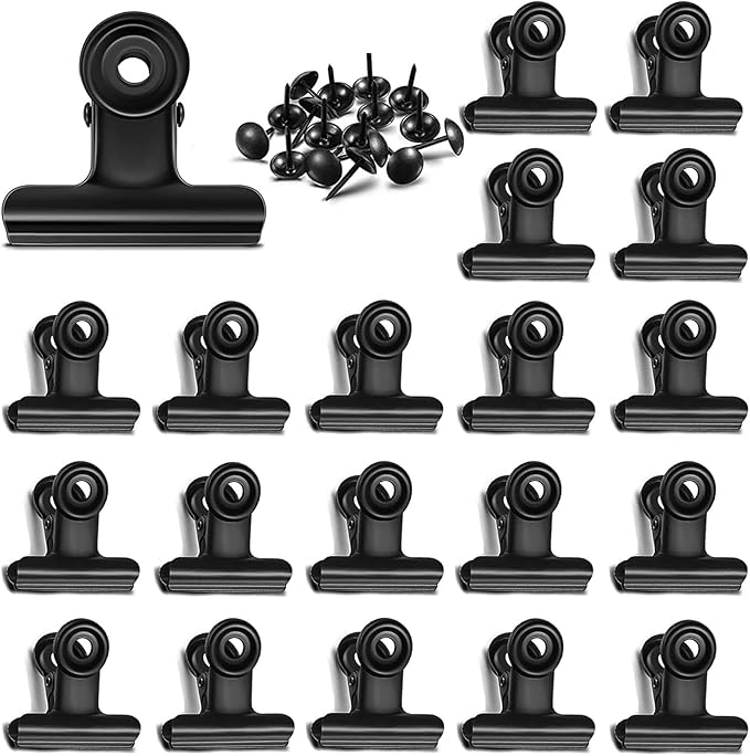 YUCHIYA 20 Pack Metal Clips with 20 Push-pins for Corkboard,Bulldog Clips for Hanging Pictures,Small Hinge Clips for Photos Crafts,Mini Binder Clips Paper File Clamps for Office(Black,1.2inch)