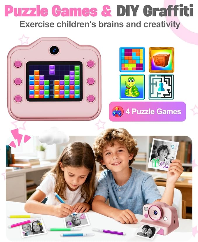 Instant Print Camera for Kids, Front Rear Dual Selfie Kids Camera with 1080P Videos, Christmas Birthday Gifts for Kids Ages 3-12, Toddler Digital Camera Toy for 4 5 6 7 8 Year Old Girls (Pink)