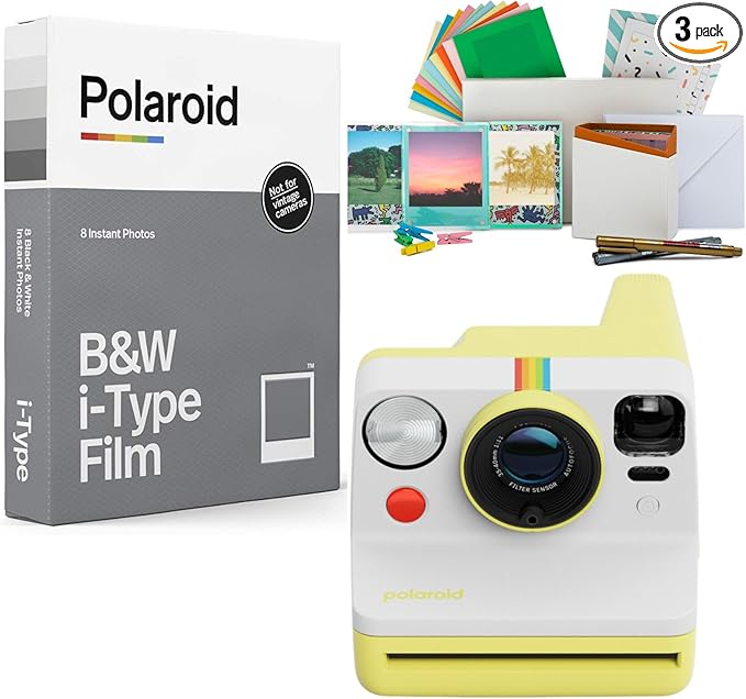 Polaroid Now Generation 3 Analog Instant Camera with Two-Lens Autofocus System (Yellow) Bundle with Film Kit and Polaroid B and W Film for i-Type Cameras (3 Items)