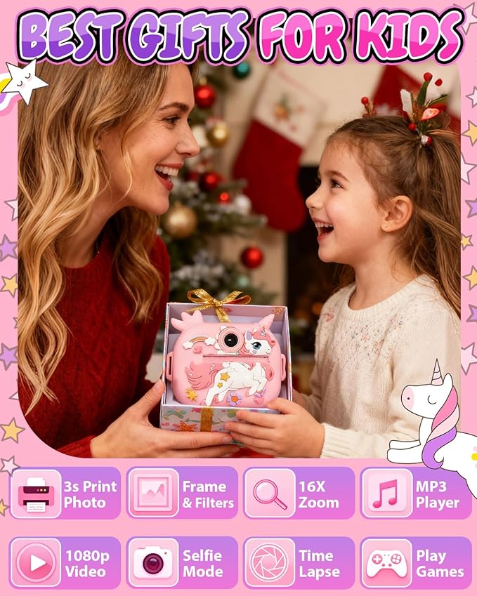 Kids Camera Instant Print, 1080P Kids Instant Cameras with Photo Printing and Fun Learning, Christmas Stuffers Birthday Gifts for Girls Age 3-12, Portable Toy for 3 4 5 6 7 8 9 10 Girls Boys, Pink
