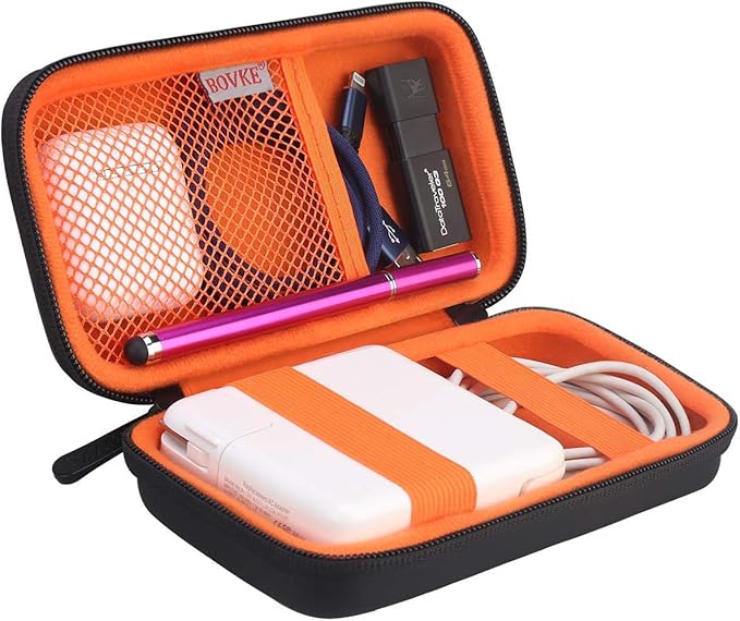 BOVKE PU Hard Travel Case for MacBook Air Pro Power Adapter Apple MagSafe 2 USB-C Charger - Extra Room for USB C Hub, Type C Hub, USB C Hub Multiport Adapter, Magic Mouse, Charging Cable, Black