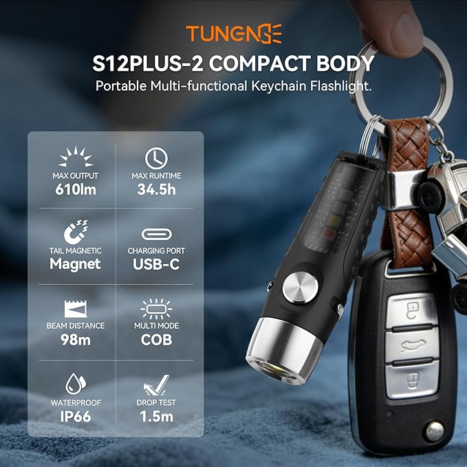 S12PLUS-2 EDC Keychain Flashlight Rechargeable, 610 Lumens Mini Flashlight with Magnet & Clip, USB C Pocket Flashlight and Side Light 6Modes for Emergency, Home, Inspection, Camping (Black)