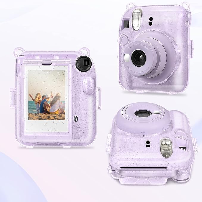 Fintie Protective Clear Case for Fujifilm Instax Mini 12 Instant Camera - Crystal Hard Shell Cover with Upgraded Film Pocket for Storing Photos & Removable Shoulder Strap
