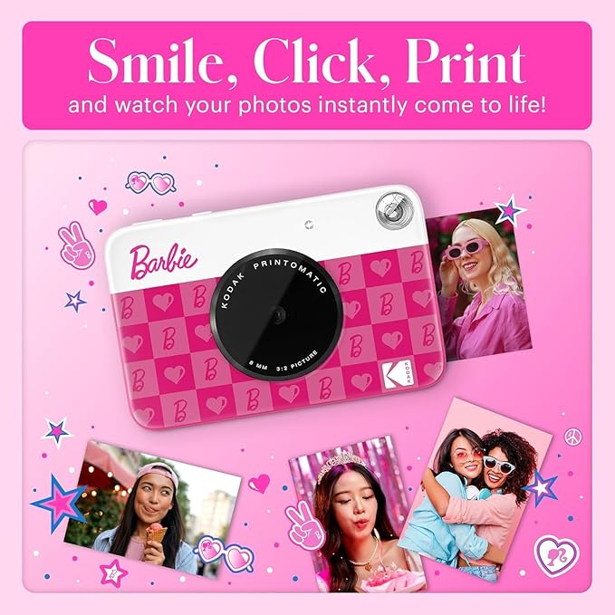 Kodak x Barbie Printomatic Full-Color Instant Print Digital Camera, 5MP Portable Barbie Camera, Zink 2x3 (5.1x7.5 cm) Sticky-Back Photo Paper, Gift for Christmas, Holiday, Birthday, Iconic Style