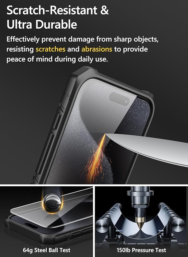 Vihibii for iPhone 15 Pro Max Case with Card Holder (4 Cards), Built-in 2X Tempered Glass Screen Protector & Slide Camera Cover & Kickstand, Military Grade Drop Protection, Rugged Wallet Case, Black