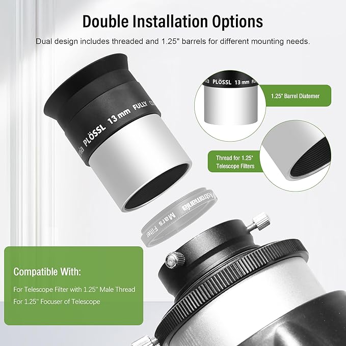 Astromania Telescope Eyepiece 13mm Plossl, 1.25 Inch Telescope Accessory Eyepiece Fully Multi Coated 4-Element Plossl Design, Metal 50 Degree Apparent Field of View for Astronomy Telescopes & Filters