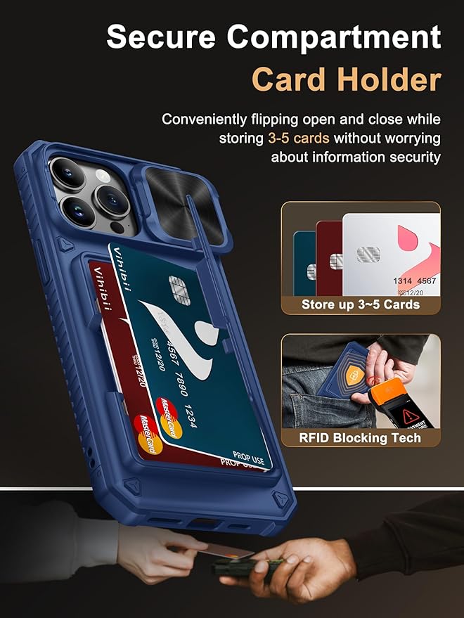 Vihibii for iPhone 14 Pro Max Wallet Case with Card Holder (4 Cards), [RFID Blocking] & Slide Lens Camera Cover & Raised Edges Protect Screen, Shockproof Rugged Wallet Phone Case, 6.7" 2022, Blue