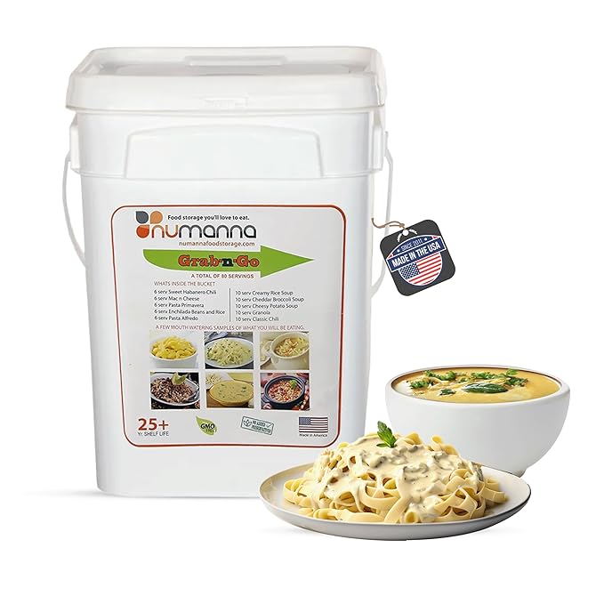 NuManna Grab-n-Go Bucket– 80 Servings, 12 lbs Freeze-Dried Premade Meals | 25+ Year Shelf Life | Non-Perishable, Ready-to-Eat Breakfast & Dinner, Everyday Meals & Pantry Essentials | Emergency, Camping & Survival Food Kit | Made in USA