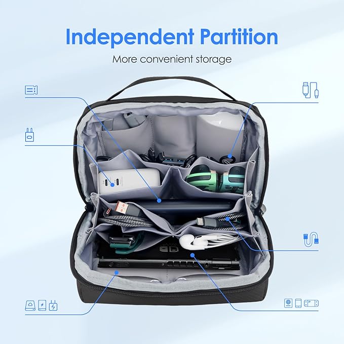 LENTION Premium Electronics Organizer Case with Handle, Large Multi-Compartment Travel Tech Bag for Tablet, Macbook Chargers, Cables, AirPods, Hard Drive Case Waterproof Travel Accessory(M372 Black)