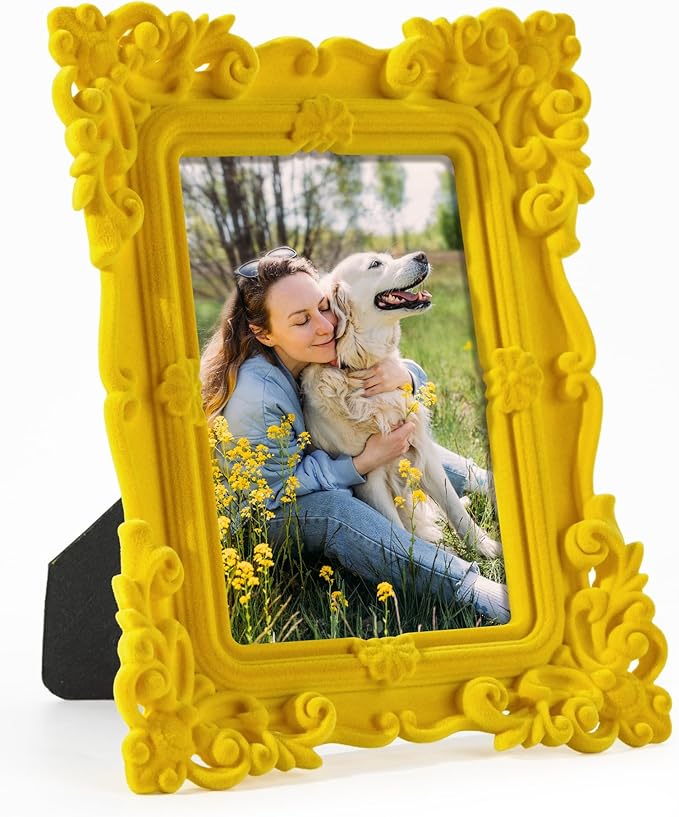 Picture Frames 4x6 for Drawings Prints, Small Colorful Decorative Frame with Real Glass/Stand, Rococo Ornate Memorial Frame Gift for Wedding Baby Shower Retirement (Yellow)