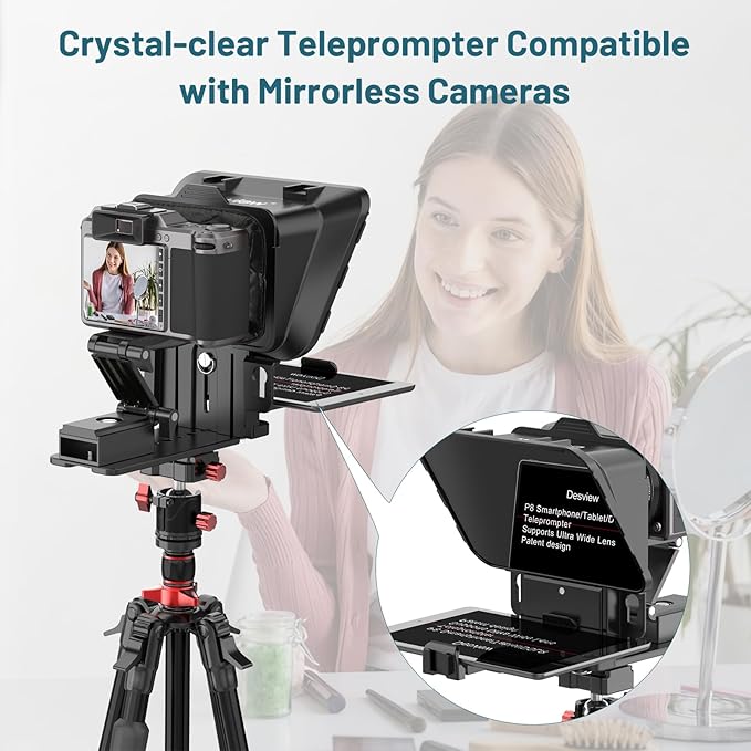 Desview P8 Universal Teleprompter for Smartphone Camera, DSLR Webcam Tablet up to 10" with Bluetooth Remote Foldable Design for Live Streaming Video Recording YouTube TikTok Videos