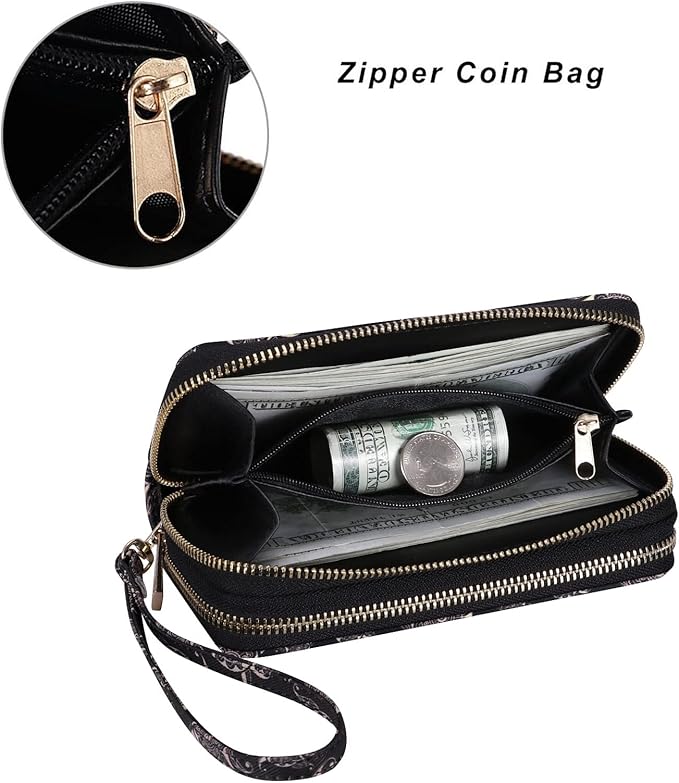 Cellphone Wallet for Women Dual Zipper Long Purse with Removable Wristlet