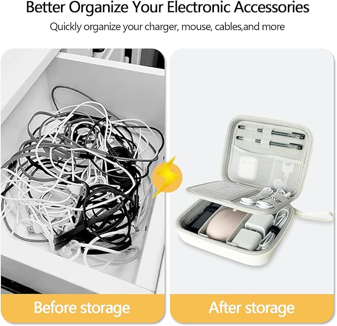 Hard Cord Electronic Organizer Travel Case, Cable Tech Pouch Bag, Cord Hard Case for Portable Charger, Power Bank, Mouse and Cords, Tech Organizer Travel,White