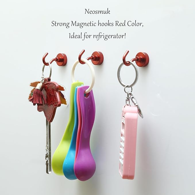 Neosmuk Magnetic Hooks, Cruise Ship Essentials, 30lb+ Heavy Duty Magnetic Hooks for Cruise Cabins, Refrigerator, Grill, Hanging, and Travel | Extra Strong Must-Haves Magnet Hook,Red,5 Pack