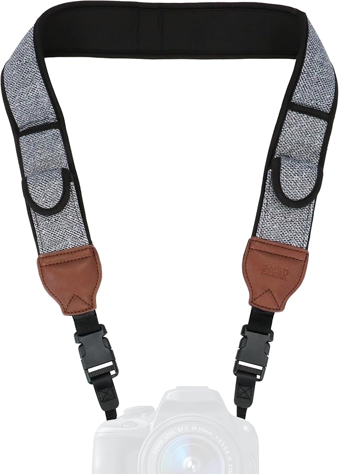 USA Gear TrueSHOT Camera Strap Neoprene Camera Straps - Padded Neck Strap, Pockets, and Release Buckles - Compatible with Canon, Nikon, Sony and More DSLR and Mirrorless Cameras (Grey Woven Pattern)