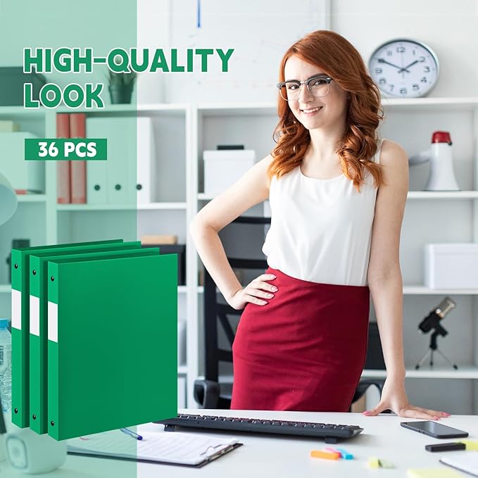 Henoyso 36 Pcs 3 Ring Binder 1/2'' Round Fits Letter Size 8.5'' x 11'' Paper Plastic Flexible Binder Holds 140 Sheets with 1 Pockets Versatile Organizer for Home Office School (Green)