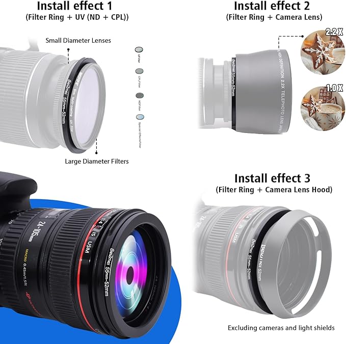 55mm to 52mm Camera Filters Ring,Step-Down Filters Ring Compatiable All Brands Ø55mm Lens to Ø52mm Camera Accessory.Made of CNC.