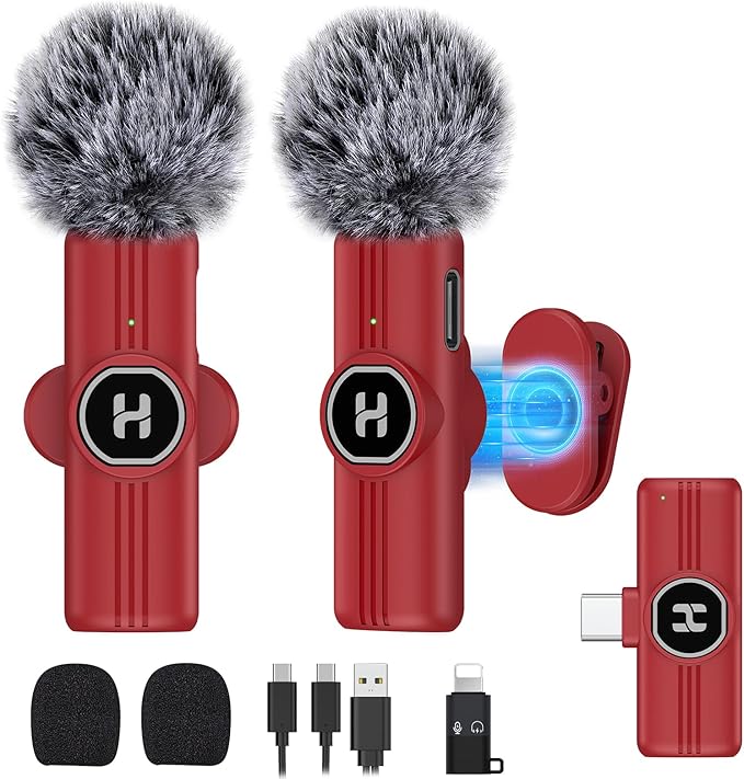 USB C Mini Wireless Lavalier Microphone for iPhone 15 16, iOS and Android Devices - Noise Reduction Lapel Mic for Recording, Clip Omni Lav Mic for Video Recording, Tiktok, YouTube, Vlog (Red)