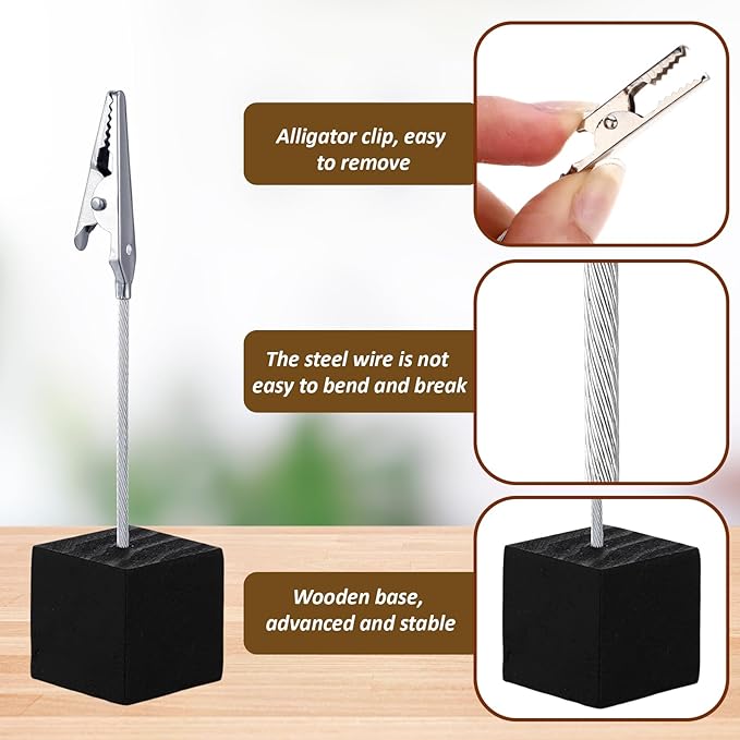 Gersoniel 100 Pcs Cube Base Memo Clip Holder with Alligator Clip Wood Table Number Holder Cube Base Place Card Stand Mini Photo Menu Stand for Displaying Number Card (Black)