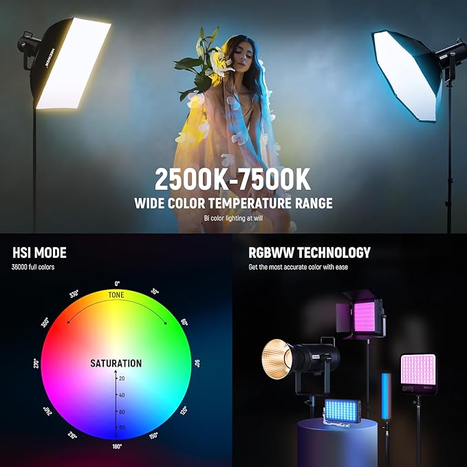 NEEWER 200W RGBWW COB LED Video Light with Diffuser, APP/2.4G 360° Color 2500K-7500K 23000lux/m Bowens Metal Shell Silent Continuous Output Lighting TLCI/CRI97+ for Photography Video Recording, CB200C