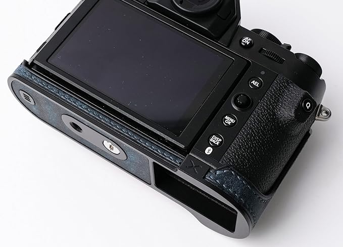 handmade Genuine Leather Camera Half Case for Fujifilm X-T50 - Top Layer Cowhide Body + Metal Base Plate - Hand Shank Free Design (Dark Blue)