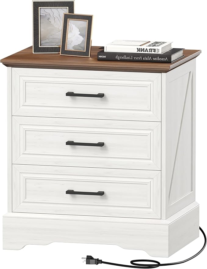 Farmhouse Nightstand with Charging Station, 22" Wide Bedside Table with 3 Large Drawers & Bar Handles, Side End Table with Stable Support Base, for Bedroom, Off White