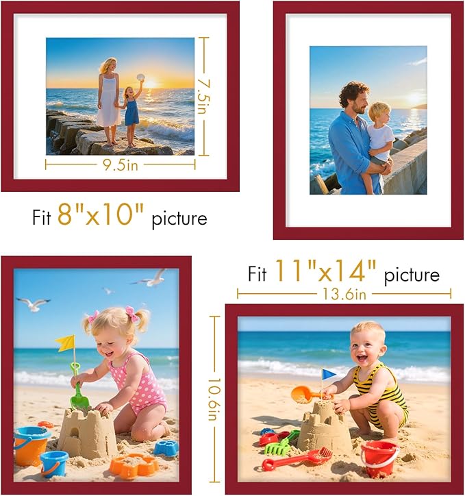 Vittanly 11x14 Picture Frame, Made of Solid Wood and Shatterproof Plexiglass, Display Pictures 8x10 with Mat or 8x10 without Mat, Wooden Photo Frame for Wall Mounting or Tabletop, Red, 1 Pack