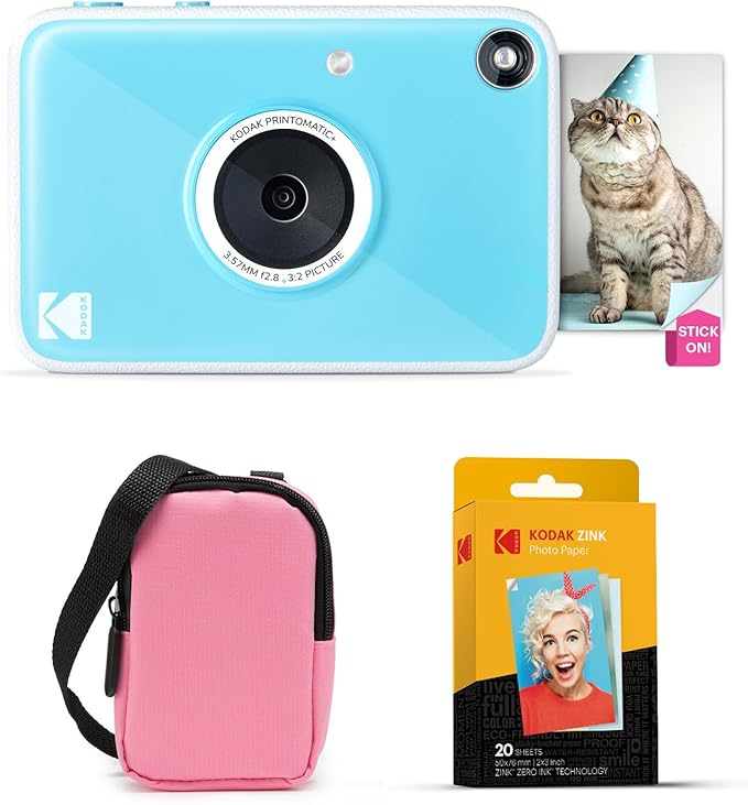 Kodak Printomatic+ Instant Print Digital Camera Starter Bundle + Carrying Case (Pink) + Zink 20pk Sticky-Back Photo Paper - 10MP, Full-Color Photos, GB LED Status Indicator - Blue