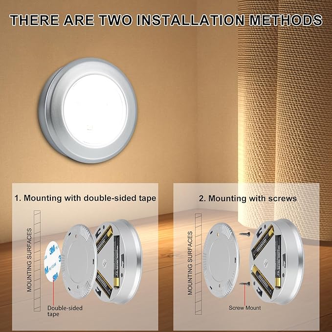 BIGMONAT LED Puck Light, Stick on Lights, Closet Lights Battery Operated, Tap Lights, 60 Lumens Touch Light, Under Cabinet Lighting, Ideal for Kitchen Cabinets, Closets, 3-Pack, Silver