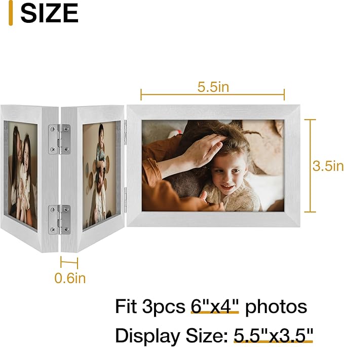 decorUhome Triple 6x4 Picture Frame Horizontal, Engineered Wood Trifold Photo Frame with Plexiglass for Tabletop Display, 6x4, Silver