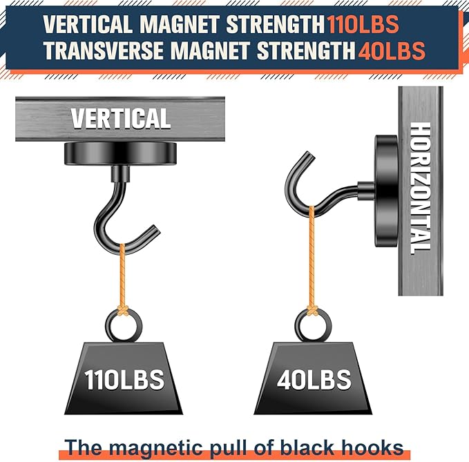 FINDMAG 10 Pack 110LBS Heavy Duty Magnetic Hooks for Hanging, Neodymium Magnet Hooks Strong Black Magnetic Hooks, Magnet with Hooks for Home, Kitchen, Bathroom, Office, School