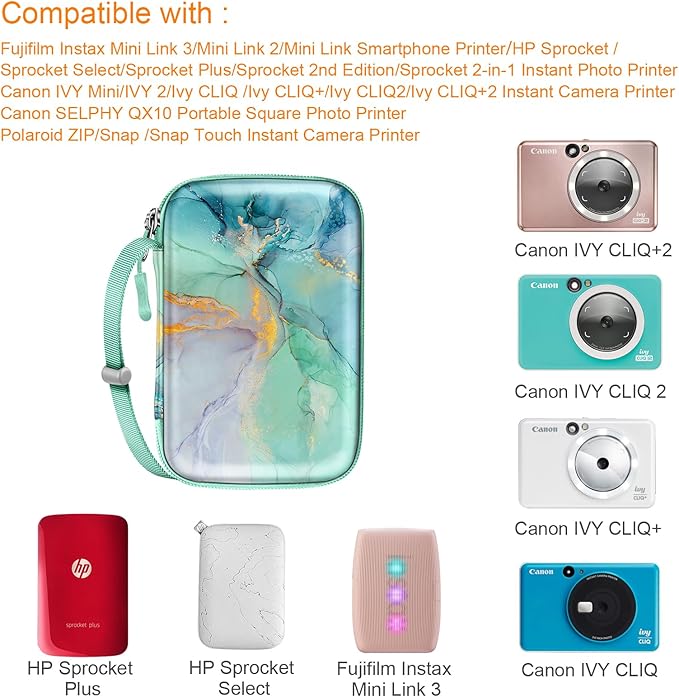 FINTIE Case for HP Sprocket Select/Sprocket Plus Smartphone Printer, Canon Ivy Mini/CLIQ 2/CLIQ+2 Instant Camera - Shockproof Hard Shell Carrying Case, Emerald Marble