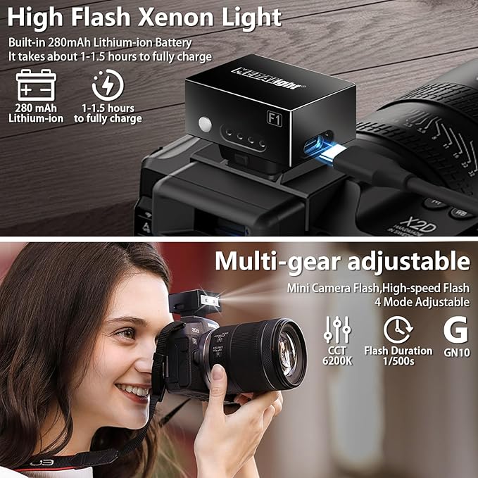 MEDALight Upgrade Aluminum F1 Mini Camera Flash with Diffuser for Ricoh GR3/GR3X/Fuji/Sony ZV1/Nikon/Canon/Olympus/Digital Film Cameras,Portable hot Shoe Speedlite for DSLR Camera(Black).