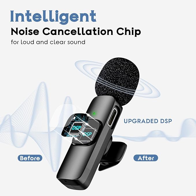 Mini Wireless Lavalier Microphone for iPhone, iPad, Android Phone, Clip on Omni Lav Mic for Video Recording, Tiktok, YouTube, Vlog - Noise Reduction Lapel USB C Bluetooth Mic for Recording