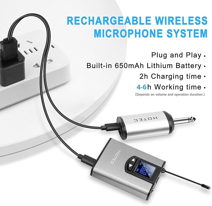 HOTEC UHF Wireless Headset Microphone/Lavalier Lapel Mic with Bodypack Transmitter and Mini Rechargeable Receiver 1/4" Output for Vlogging or Speech