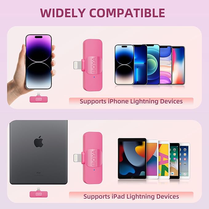 BOYA Wireless Lavalier Microphone for iPhone iPad Phone Omnidirectional External Mini Lapel Lightning Microphone for iPhone Clip-On Mic for Video Recording Podcast YouTube Live Streaming (Pink)