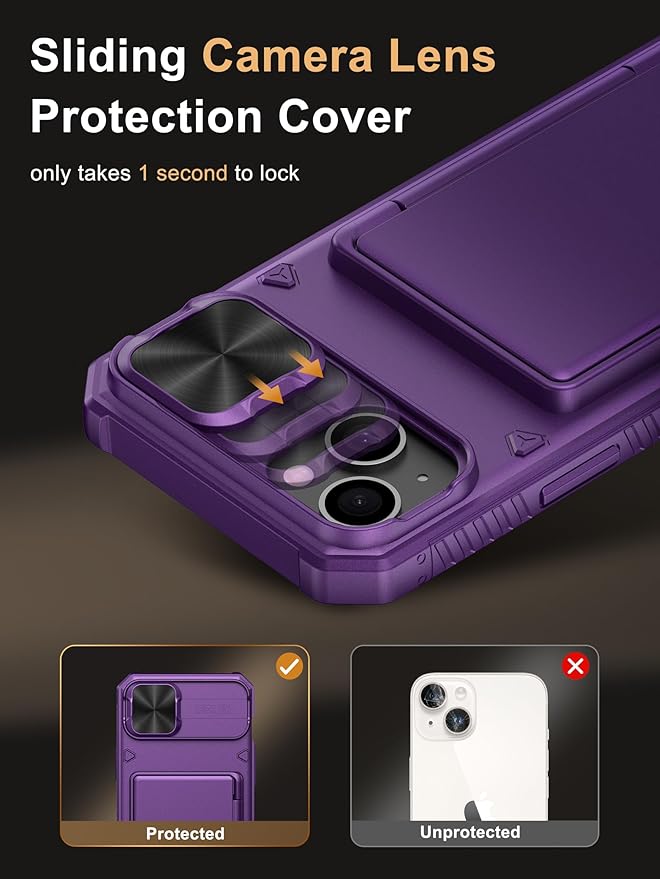 Vihibii for iPhone 15 Plus/iPhone 14 Plus Wallet Case, Built-in Card Holder (4 Cards), [RFID Blocking] & Slide Camera Cover, Military Grade Drop Protection, Rugged Hard Wallet Phone Case, Dark Purple
