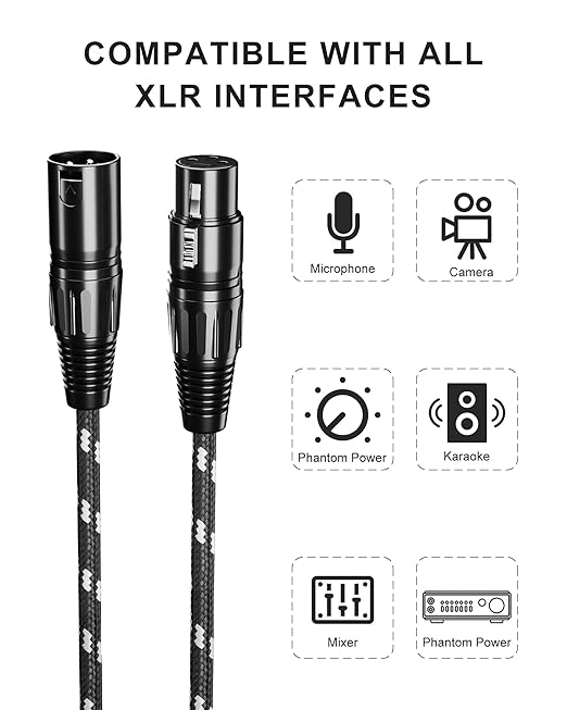 XLR Cables 50 ft 2 Pack Durable Nylon Braided XLR Microphone Cable, Mic Cable, OFC Shielded and Balanced XLR to XLR Male to Female Cord for Recording Mixer Amplifie Speaker Black White