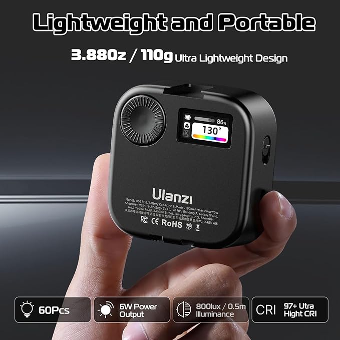 Ulanzi U60 RGB Video Light, Portable LED Camera Light with 360° Color CRI≥95 2500-9000K Dimmable Panel Lamp,2500mAh LED Panel Photography Lighting w Quick Release Cold Shoe Adapter and Clip-Black