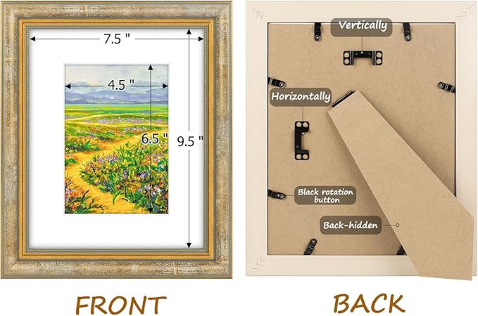 Golden State Art,8x10 Ornate Picture Frame for 5x7 Photo with Mat or 8 x 10 Prints without Mat, Real Glass Wall & Tabletop Display Horizontally or Vertically (Color:Vintage Gold)