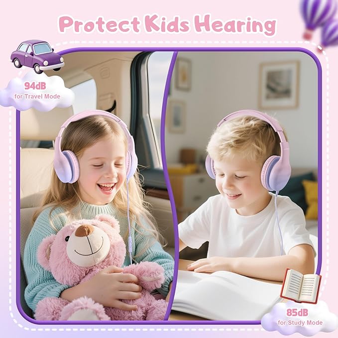 USB Type C Kids Headphones, Wired Headphones for Kids with Microphone 85/94dB Volume Limit, Stereo Sound Portable Over Ear Headphones for School/Travel/Tablet/iPad, Gradient Pink