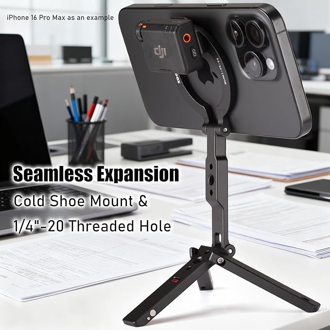 Ultra-Compact Magnetic Tripod Stand for iPhone 17/16/15/14/13/12 Pro Max Magsafe Case, Adjustable Cellphone Holder with 1/4” Screw & Travel Hook (Black)