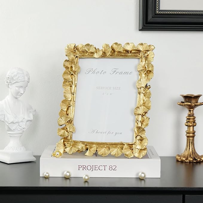 Cuspin 6x8 Picture Frame, Vintage Ornate Gold Resin Frame with Glass Front, Ginkgo Leaf Textured, Tabletop Display & Wall Hanging, Retro Home Decor